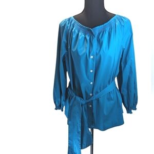 Talbots Blue Long Sleeves Smocked Neck & Cuff  Buttoned Tie Front Blouse Size 16
